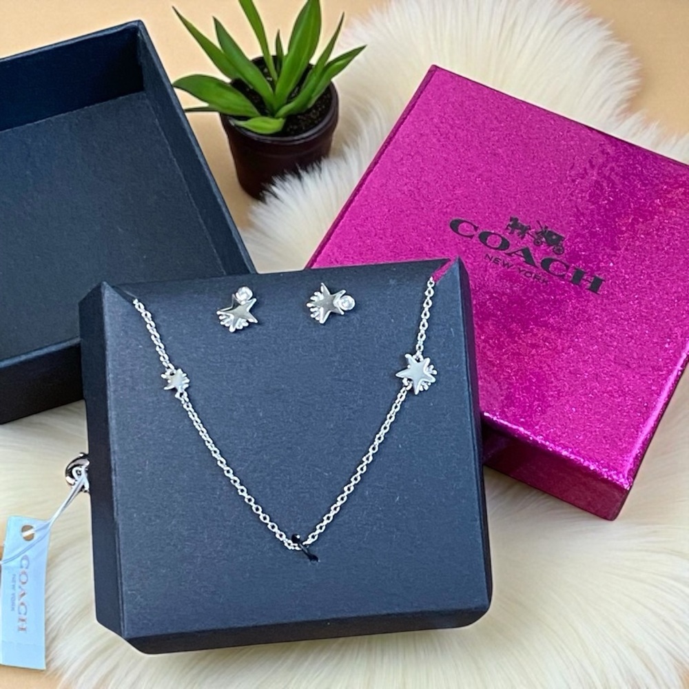 Coach NWT Shooting Star Celestial Necklace Earrings Gift Set Silver